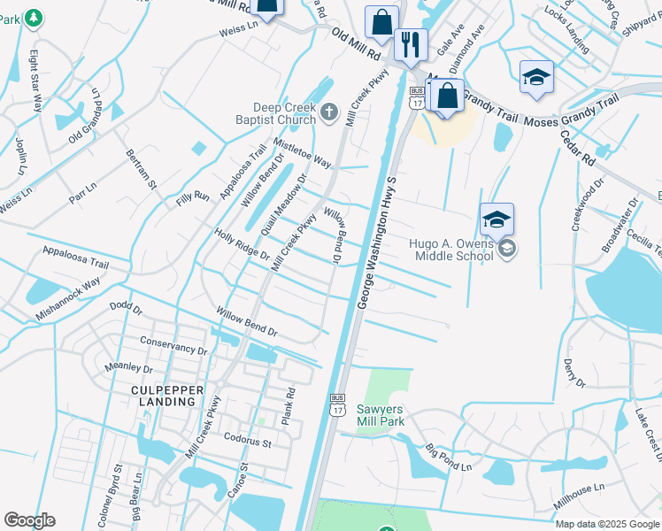 map of restaurants, bars, coffee shops, grocery stores, and more near 437 Willow Bend Drive in Chesapeake