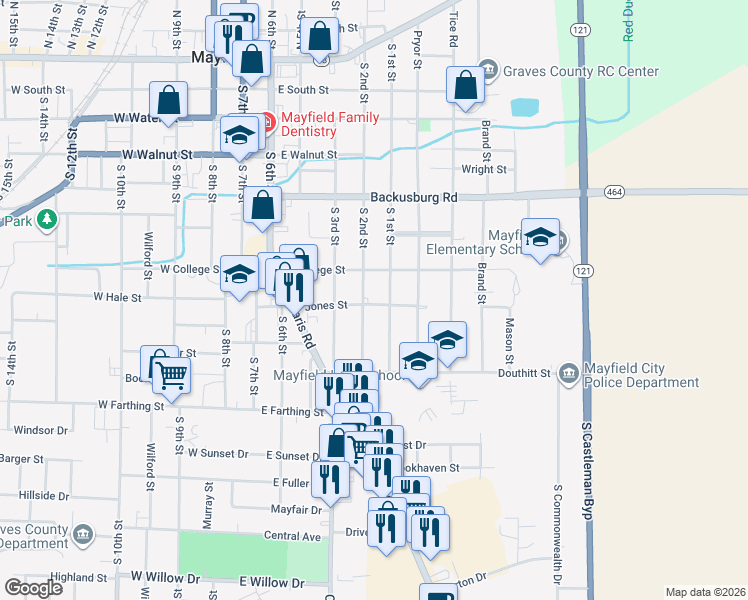 map of restaurants, bars, coffee shops, grocery stores, and more near 728 South 2nd Street in Mayfield