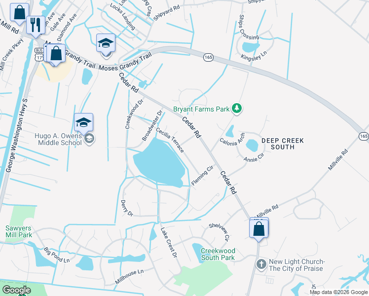 map of restaurants, bars, coffee shops, grocery stores, and more near 2624 Cecilia Terrace in Chesapeake