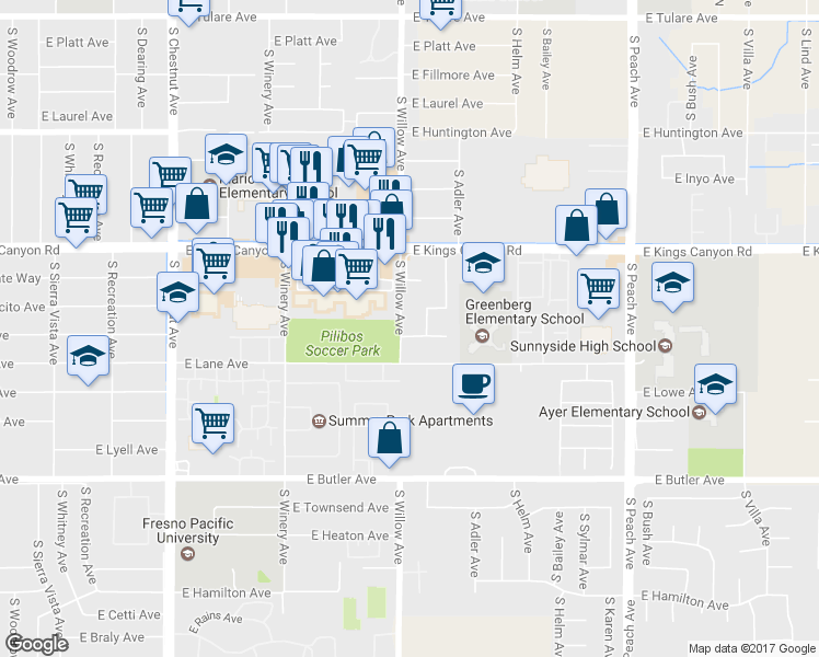 map of restaurants, bars, coffee shops, grocery stores, and more near 957 South Willow Avenue in Fresno
