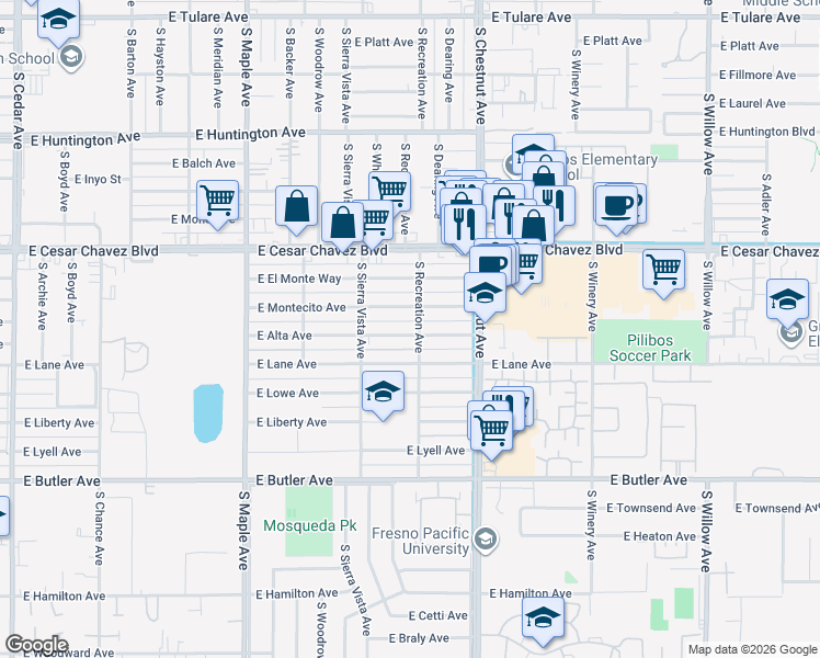 map of restaurants, bars, coffee shops, grocery stores, and more near 4739 East Alta Avenue in Fresno