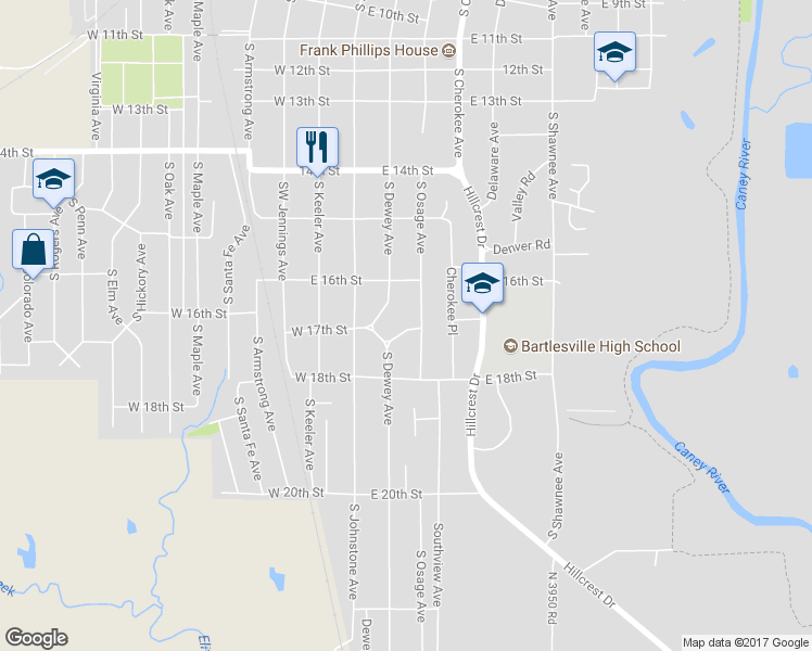 map of restaurants, bars, coffee shops, grocery stores, and more near 202 East 17th Street in Bartlesville