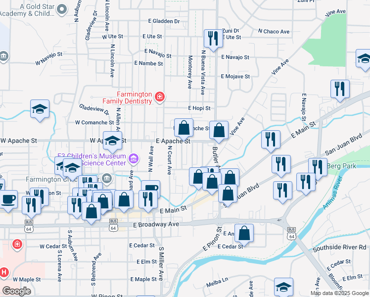 map of restaurants, bars, coffee shops, grocery stores, and more near 321 North Loma Linda Avenue in Farmington