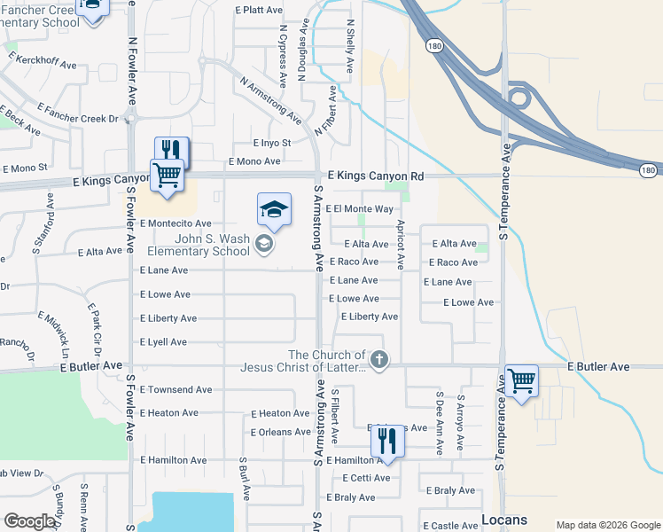 map of restaurants, bars, coffee shops, grocery stores, and more near 6513 East Raco Avenue in Fresno