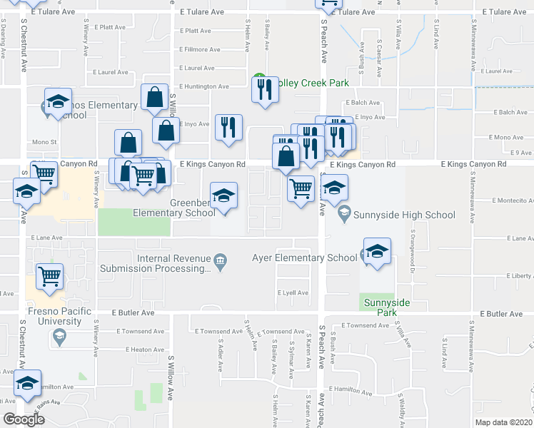 map of restaurants, bars, coffee shops, grocery stores, and more near 5145 East Lane Avenue in Fresno