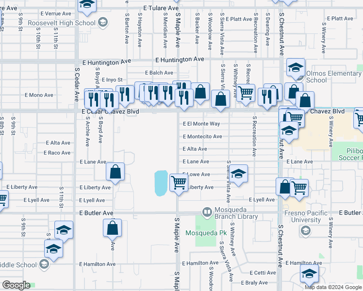 map of restaurants, bars, coffee shops, grocery stores, and more near 4613 East Alta Avenue in Fresno