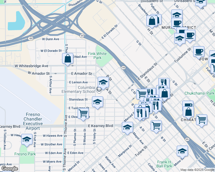 map of restaurants, bars, coffee shops, grocery stores, and more near 1628 A Street in Fresno