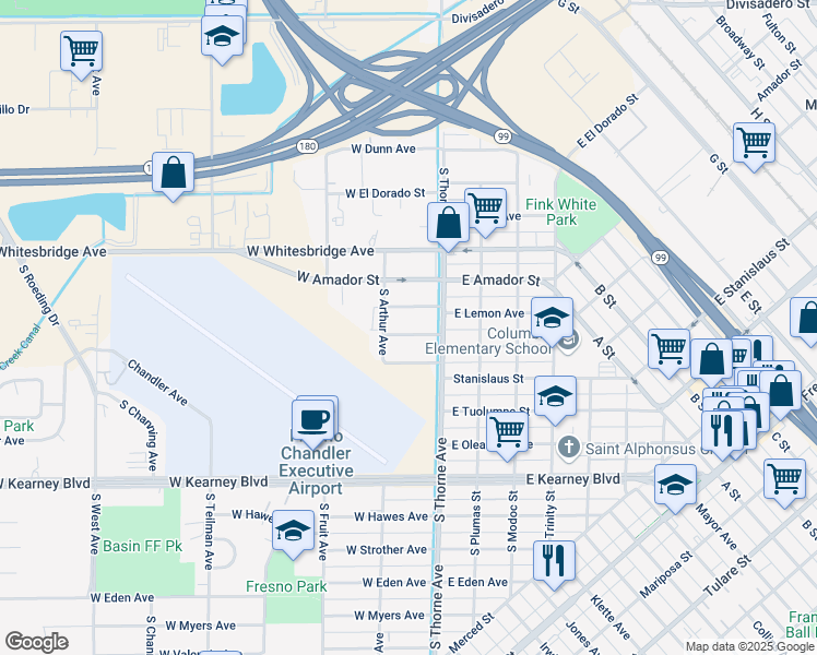map of restaurants, bars, coffee shops, grocery stores, and more near 132 West San Joaquin Street in Fresno