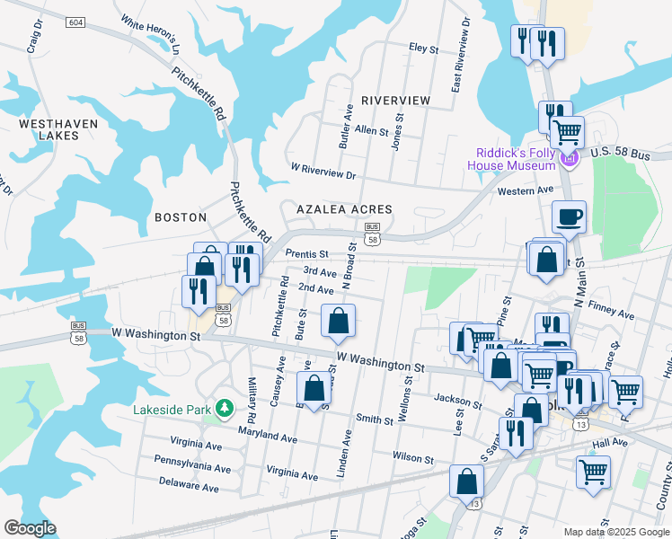 map of restaurants, bars, coffee shops, grocery stores, and more near 630 3rd Avenue in Suffolk