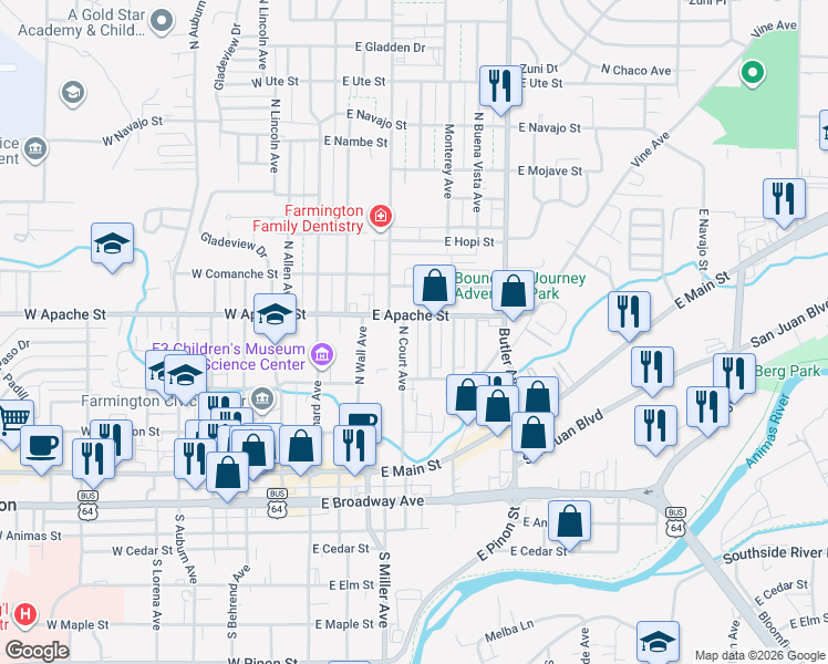 map of restaurants, bars, coffee shops, grocery stores, and more near 322 North Court Avenue in Farmington