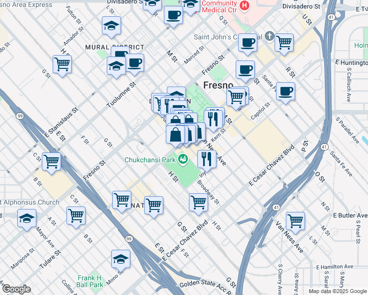 map of restaurants, bars, coffee shops, grocery stores, and more near 959 Fulton Street in Fresno