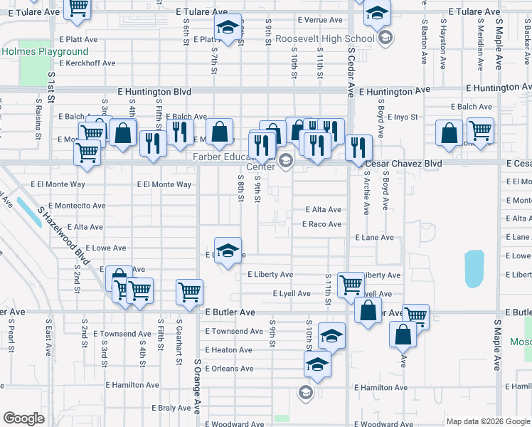 map of restaurants, bars, coffee shops, grocery stores, and more near 927 South 9th Street in Fresno