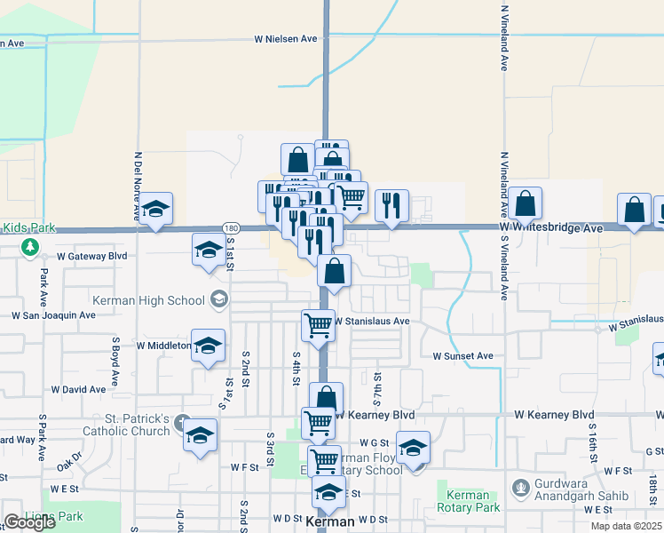 map of restaurants, bars, coffee shops, grocery stores, and more near 170 South Madera Avenue in Kerman