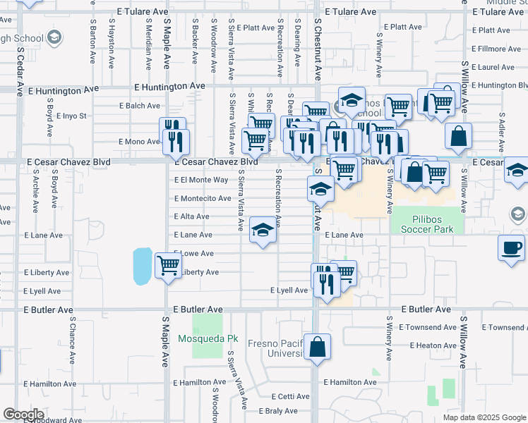map of restaurants, bars, coffee shops, grocery stores, and more near 4731 East Alta Avenue in Fresno