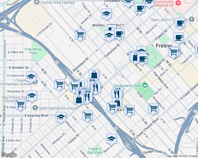 map of restaurants, bars, coffee shops, grocery stores, and more near 1510 Merced St in Fresno