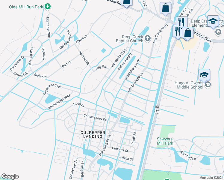 map of restaurants, bars, coffee shops, grocery stores, and more near 3227 White Cedar Drive in Chesapeake