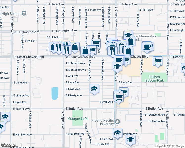 map of restaurants, bars, coffee shops, grocery stores, and more near 4711 E Alta Ave in Fresno