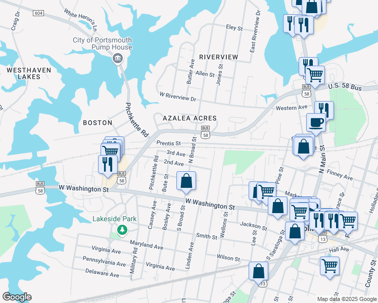 map of restaurants, bars, coffee shops, grocery stores, and more near 604 3rd Avenue in Suffolk