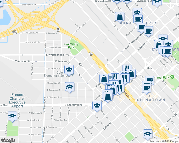 map of restaurants, bars, coffee shops, grocery stores, and more near 1550 B Street in Fresno
