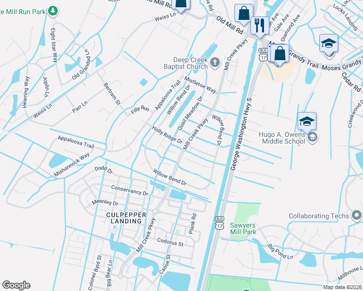map of restaurants, bars, coffee shops, grocery stores, and more near 3201 Holly Ridge Drive in Chesapeake
