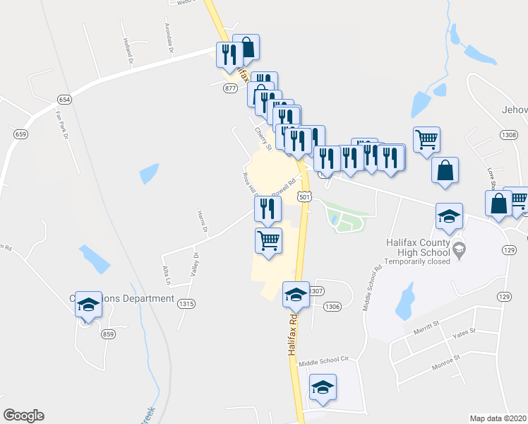map of restaurants, bars, coffee shops, grocery stores, and more near 214 Powell Road in South Boston