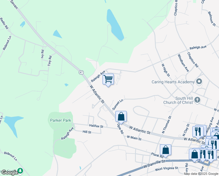 map of restaurants, bars, coffee shops, grocery stores, and more near 101 Sunset Lane in South Hill