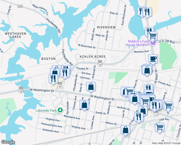 map of restaurants, bars, coffee shops, grocery stores, and more near 630 3rd Avenue in Suffolk