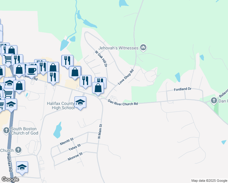 map of restaurants, bars, coffee shops, grocery stores, and more near 2247 Love Shop Road in Halifax