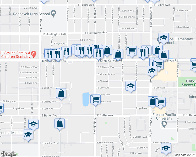 map of restaurants, bars, coffee shops, grocery stores, and more near 4613 East Alta Avenue in Fresno