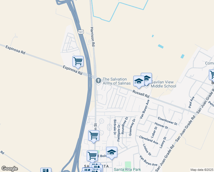 map of restaurants, bars, coffee shops, grocery stores, and more near 2438 North Main Street in Salinas