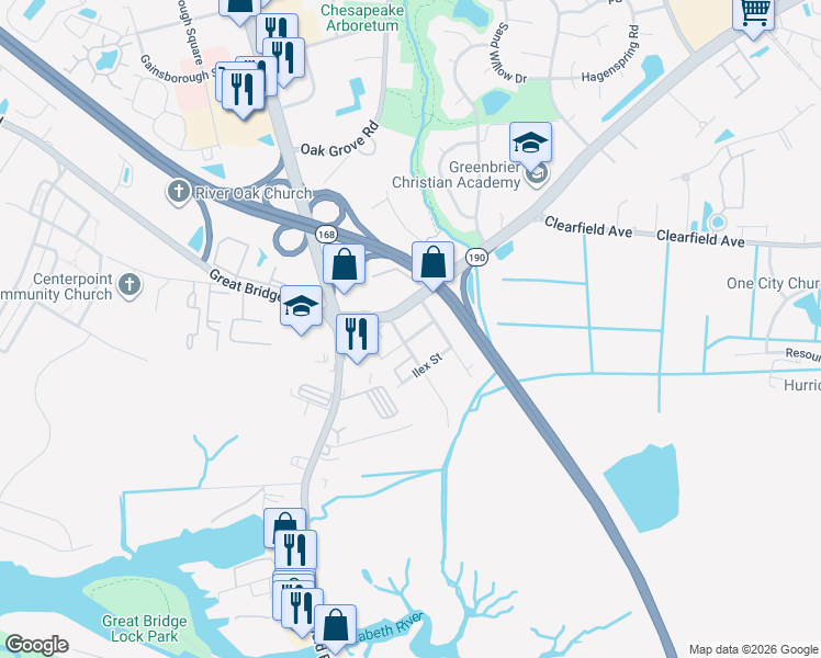 map of restaurants, bars, coffee shops, grocery stores, and more near 202 Taxus Street in Chesapeake