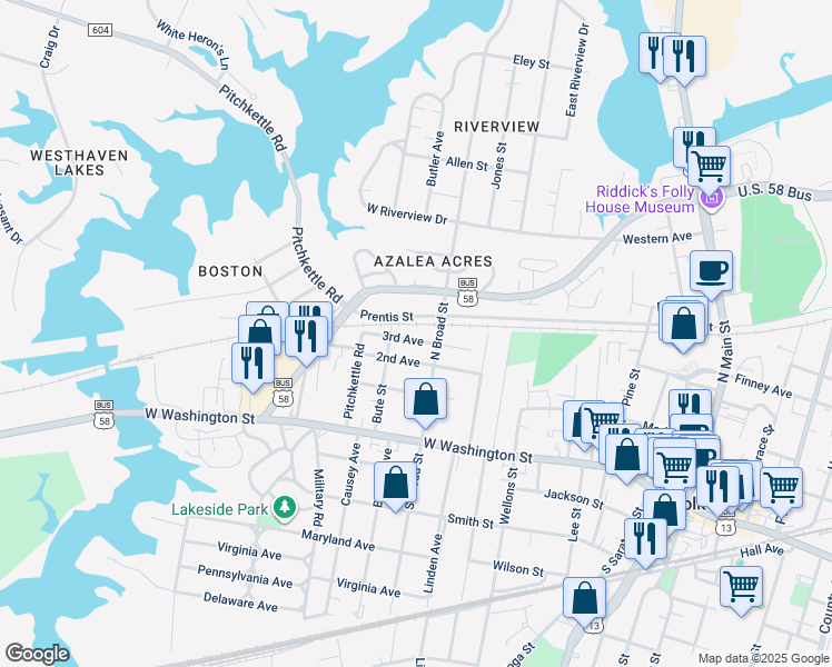 map of restaurants, bars, coffee shops, grocery stores, and more near 604 3rd Avenue in Suffolk