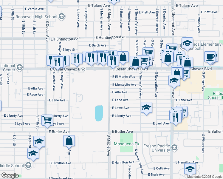 map of restaurants, bars, coffee shops, grocery stores, and more near 941 South Maple Avenue in Fresno