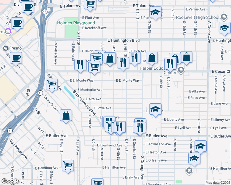 map of restaurants, bars, coffee shops, grocery stores, and more near 3404 East Montecito Avenue in Fresno