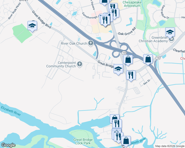 map of restaurants, bars, coffee shops, grocery stores, and more near 241 Saint Lukes Church Road in Chesapeake