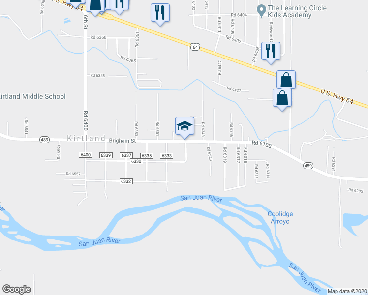 map of restaurants, bars, coffee shops, grocery stores, and more near 3 Road 6331 in Kirtland