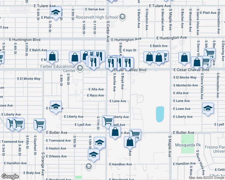 map of restaurants, bars, coffee shops, grocery stores, and more near 926 South Archie Avenue in Fresno