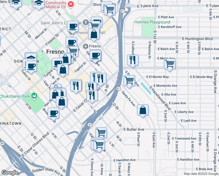 map of restaurants, bars, coffee shops, grocery stores, and more near 523 P Street in Fresno
