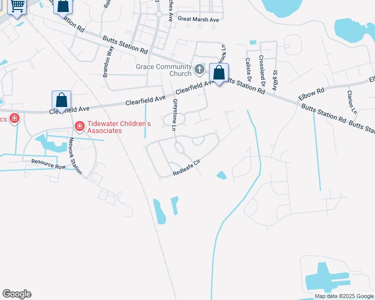 map of restaurants, bars, coffee shops, grocery stores, and more near 513 Greystone Ln in Chesapeake