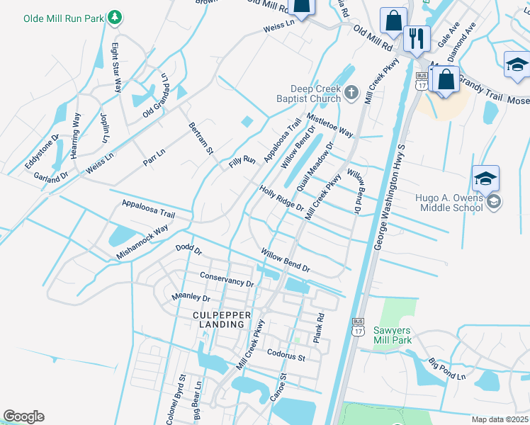 map of restaurants, bars, coffee shops, grocery stores, and more near 3227 White Cedar Drive in Chesapeake
