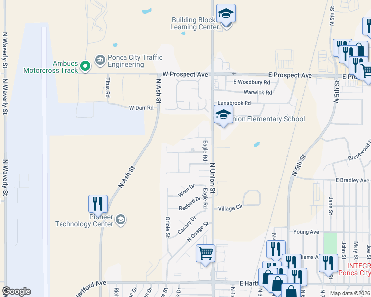map of restaurants, bars, coffee shops, grocery stores, and more near 401 Martha Avenue in Ponca City