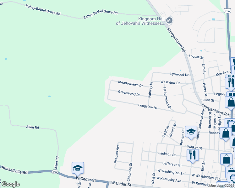 map of restaurants, bars, coffee shops, grocery stores, and more near 501-599 Greenwood Drive in Franklin