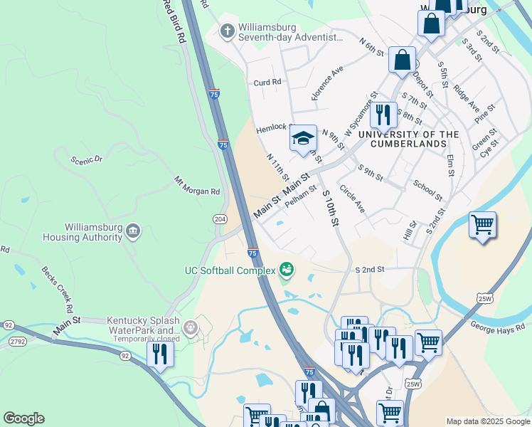 map of restaurants, bars, coffee shops, grocery stores, and more near 1209 Main Street in Williamsburg