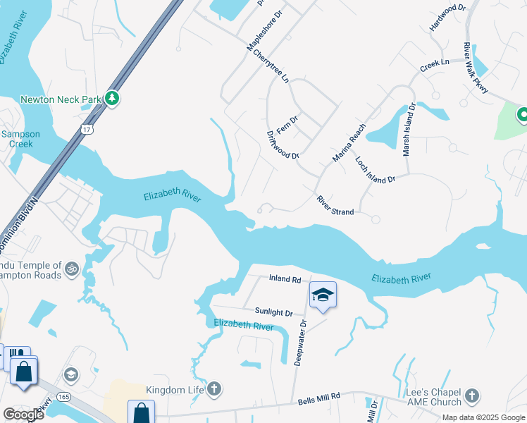 map of restaurants, bars, coffee shops, grocery stores, and more near 103 Marina Reach in Chesapeake