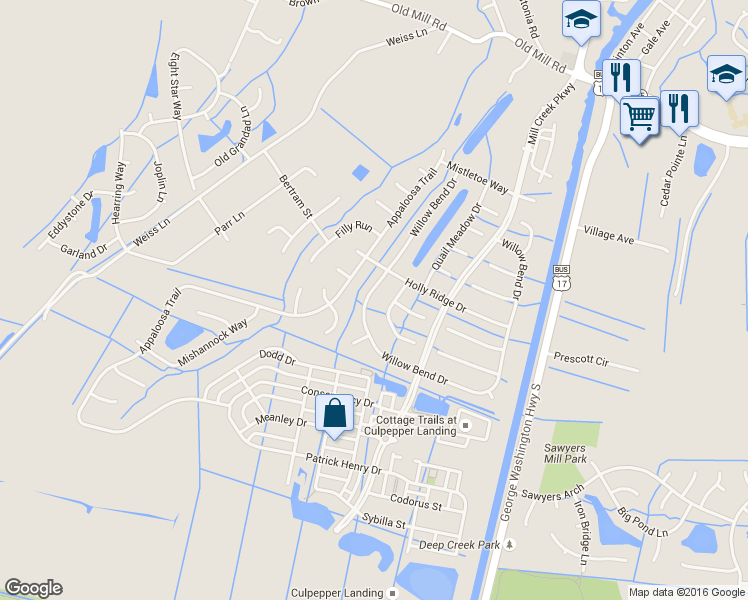 map of restaurants, bars, coffee shops, grocery stores, and more near 649 Willow Bend Drive in Chesapeake