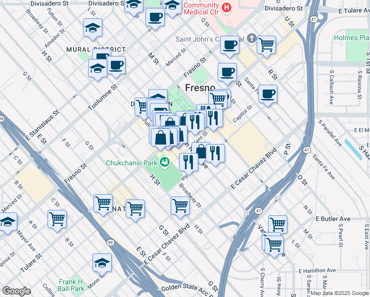 map of restaurants, bars, coffee shops, grocery stores, and more near 901 Van Ness Avenue in Fresno