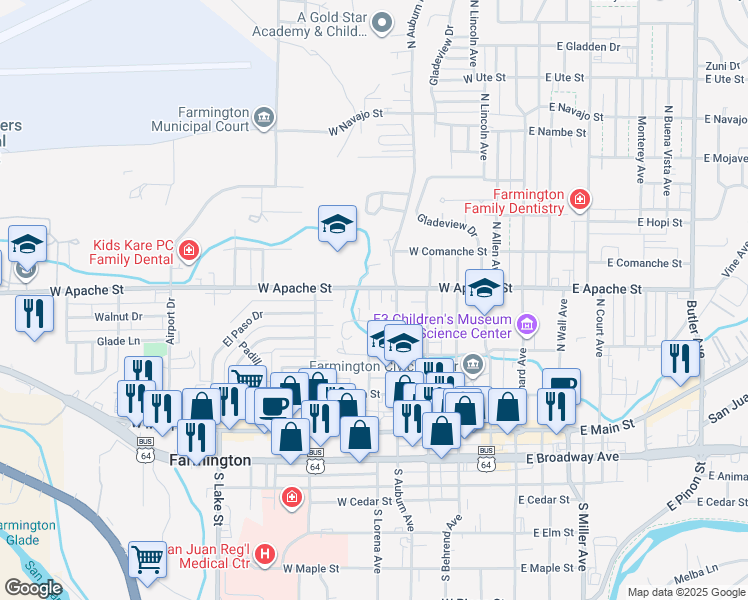 map of restaurants, bars, coffee shops, grocery stores, and more near 411 North Lorena Avenue in Farmington