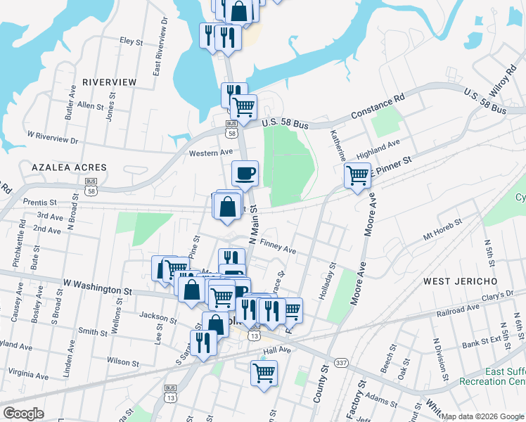 map of restaurants, bars, coffee shops, grocery stores, and more near 326 North Main Street in Suffolk