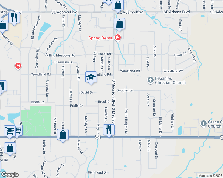 map of restaurants, bars, coffee shops, grocery stores, and more near 1351 South Madison Boulevard in Bartlesville