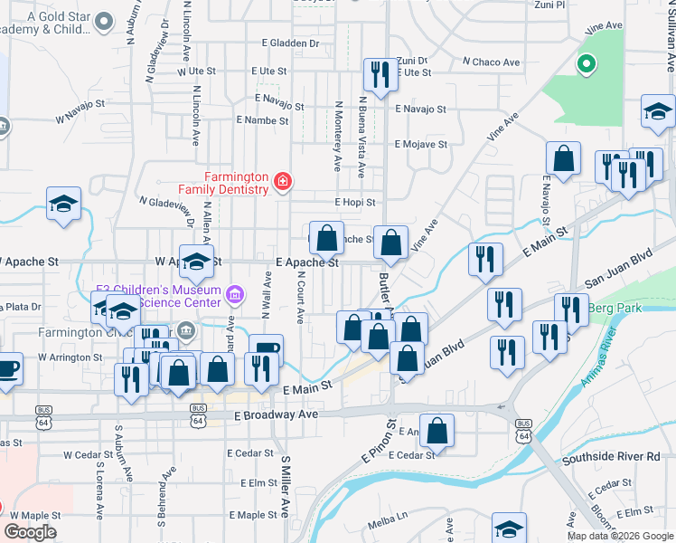 map of restaurants, bars, coffee shops, grocery stores, and more near 319 North Buena Vista Avenue in Farmington